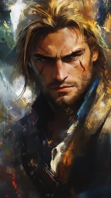 Scarred blond warrior stares forward with intense resolve