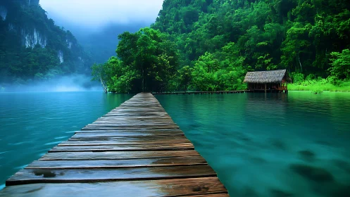 Wooden pier extends across turquoise lake toward forest hut