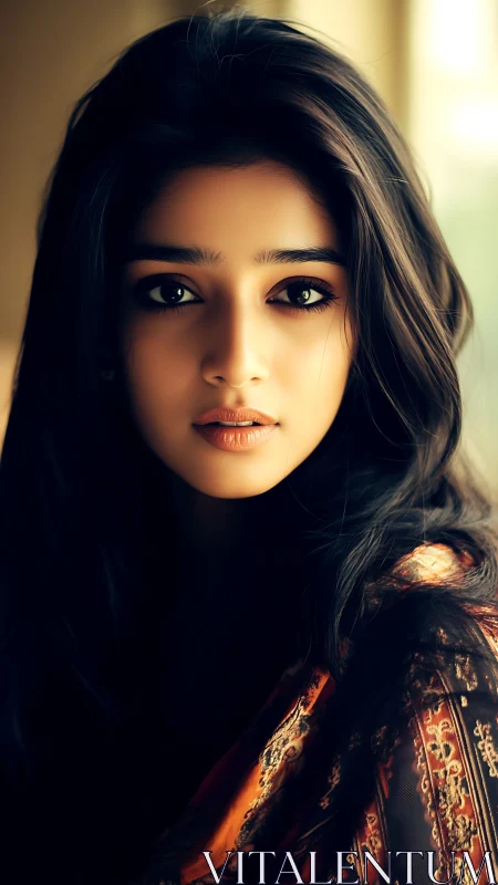 Portrait of young woman with patterned shawl indoors.