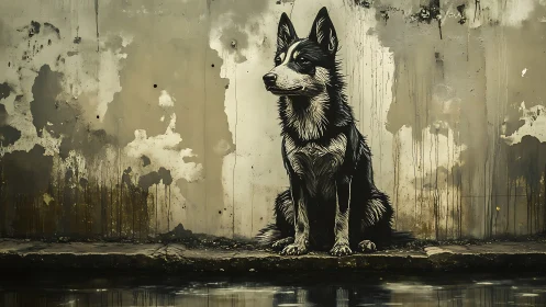 Stray husky sentinel against a weathered urban wall mural.