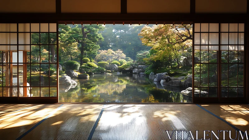 Traditional tatami room facing landscaped garden pond.
