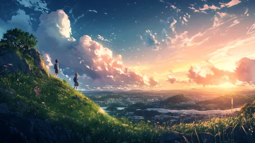 Sunset stratocumulus over valley city from grassy escarpment.