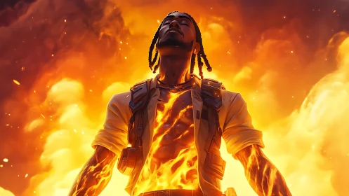 Fiery humanoid figure stands in front of erupting flames