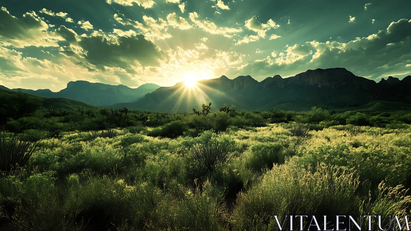 Desert valley sunrise over rugged mountain ridgeline.