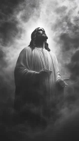 Heavenward gaze carves calm light through storm-dark clouds