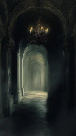 Candlelit baroque corridor fades into misty darkness.