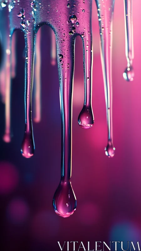 Viscous liquid drips in pink and blue gradient lighting.