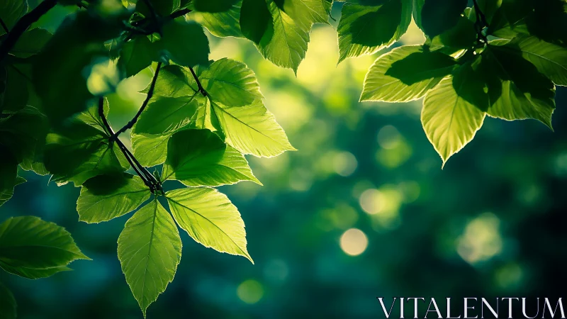 Sunlit Green Leaves in Soft Focus Nature Photography Style.