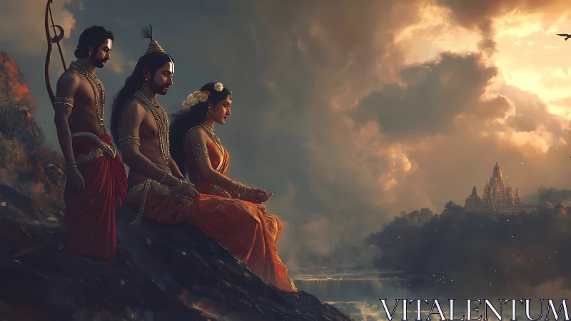 Mythic riverbank trio observing distant illuminated temple at dusk