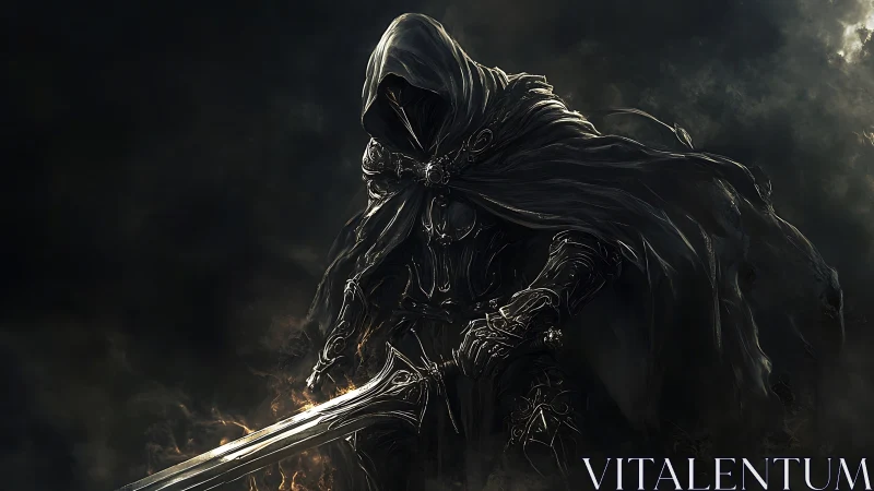 Hooded armored warrior grips massive sword in dark mist