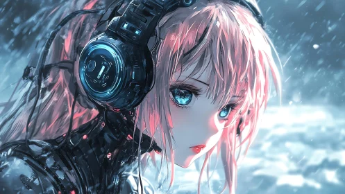 Soft eyed android girl listens quietly in the winter storm