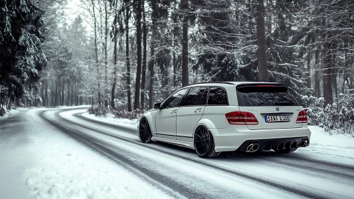 White performance wagon powers through silent winter forest