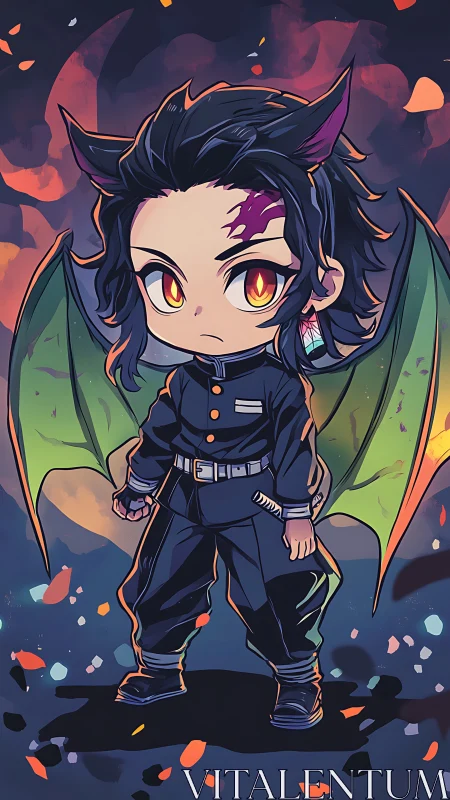 Small demon-winged hero stands ready in glowing night sky