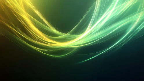 Luminescent green and gold light trails on deep teal field.