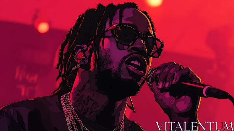 Stylized vector portrait of vocalist holding microphone onstage.