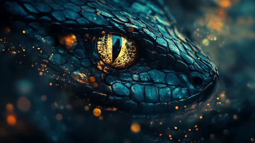 Ember-eyed serpent gazes through molten sparks of twilight.