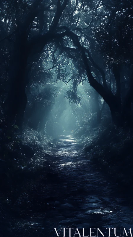 Mystical forest pathway with ethereal light breaking through dark canopy.