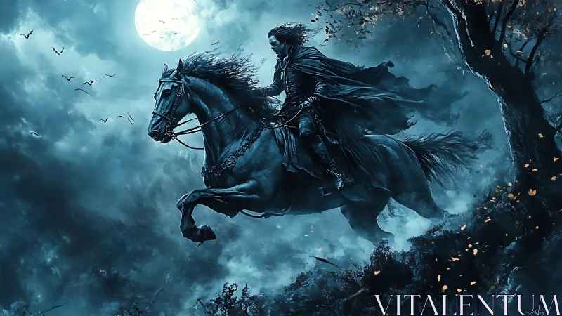 Caped rider on galloping horse under full moon at night.