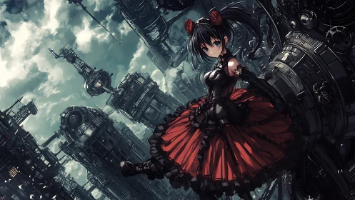 Gothic anime girl stands against dense steampunk skyline