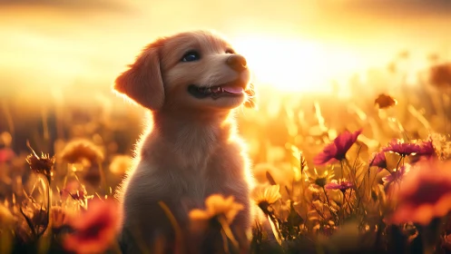 Golden puppy rendered in luminous sunset field lighting