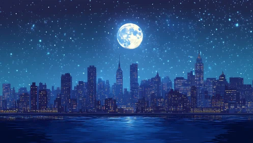 Moonlit city skyline resting under a soft starry hush.