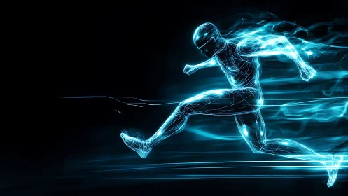 Electric runner in motion streaking through digital night.