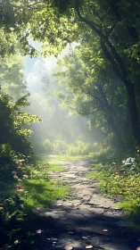 Forest path with tree canopy and bright sky break