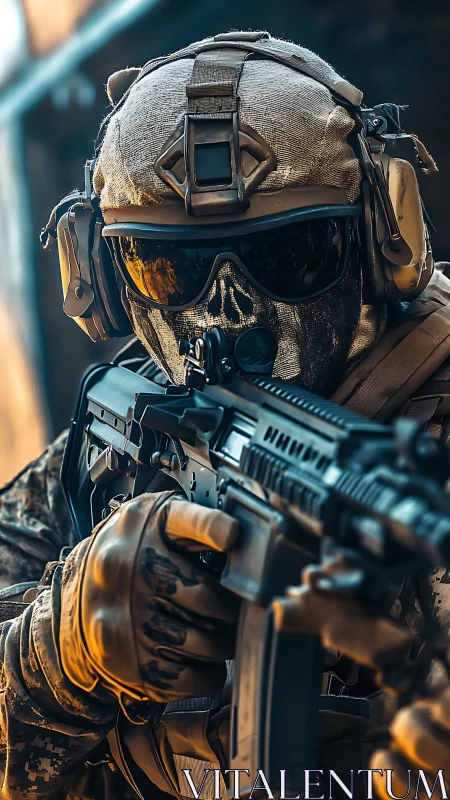 Tactical operator in skull mask aiming rifle in golden light.