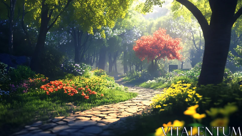 Sunlit forest path winding through bright garden blooms.