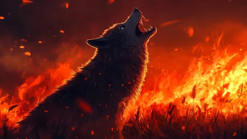 Wildfire howl ignites a lone wolf in molten twilight blaze.