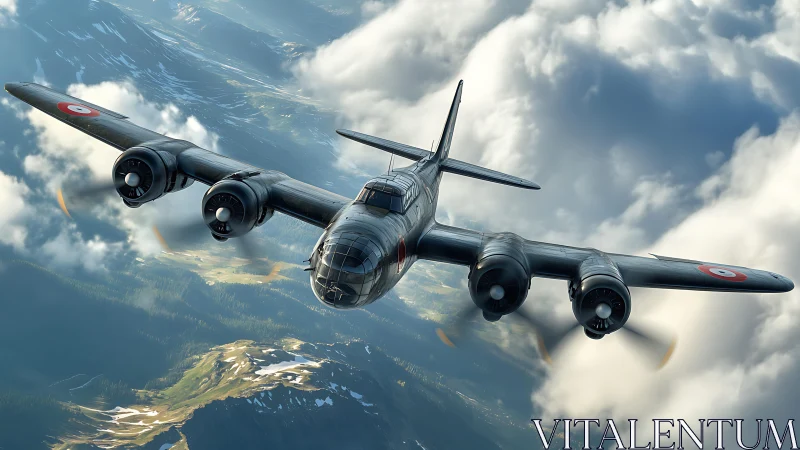 Twin engine military aircraft flying above mountain cloud.