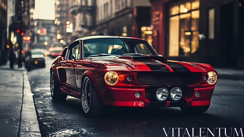 Bold red muscle car brings classic power to a moody city street