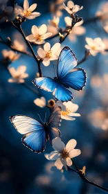 Bifocal chromatic analysis of blue butterflies on blossom branches.