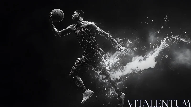 Monochrome basketball leap with explosive motion trail.