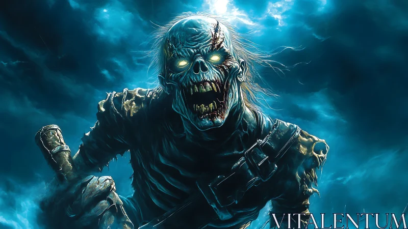 Digital painting of undead warrior under stormlit cyan sky.
