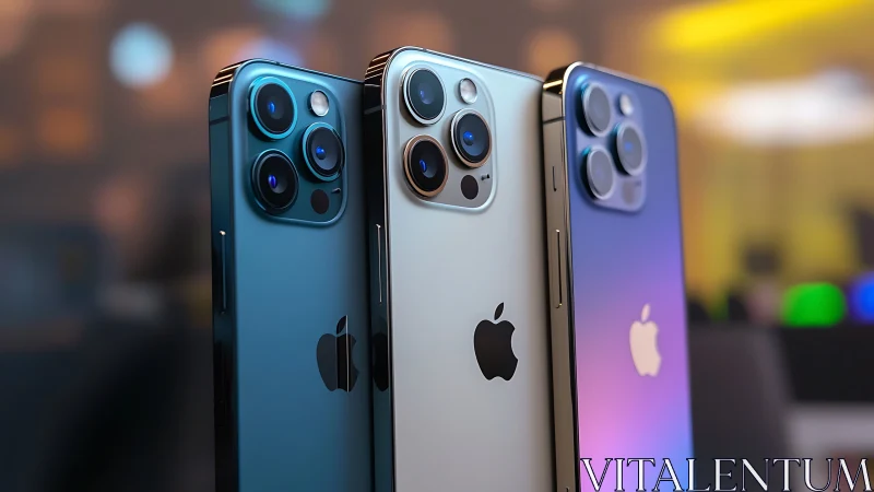 Three modern Apple smartphones with prominent camera arrays.