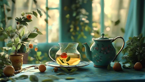 Sunlit turquoise teapot still life with herbal glass infusion