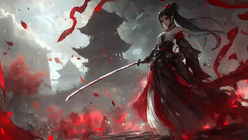 Samurai warrior in red mist before ancient pagoda temple.