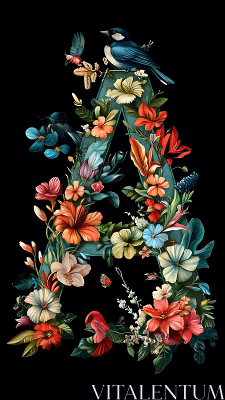 Floral letter A formed by flowers, leaves, and perched birds