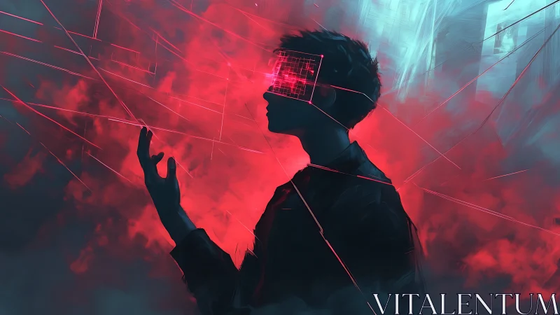 Cyber silhouette in red vapor with glitch visor display.