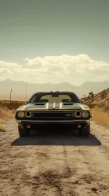 Classic muscle car is parked on an unpaved desert road
