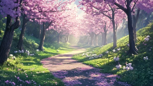 Cherry blossom path curves through sunlit forest corridor