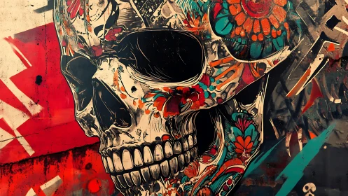 Floral decorated skull graffiti on abstract red wall.