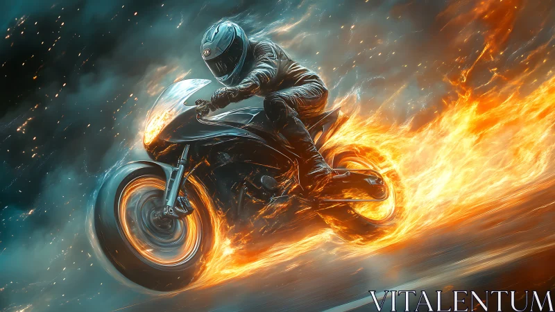 Flaming sportbike racer cutting through stormy neon night.