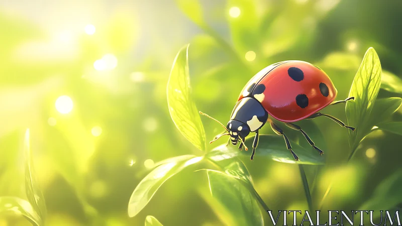 Ladybug on sunlit leaves in soft green bokeh garden.