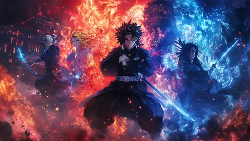 Anime swordsmen framed by fire and water energy burst.