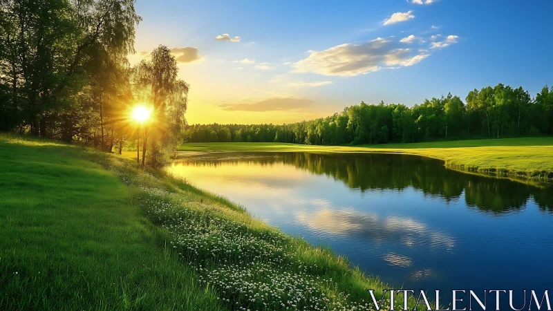 Sunlit river bend through green meadow and forest at dusk.