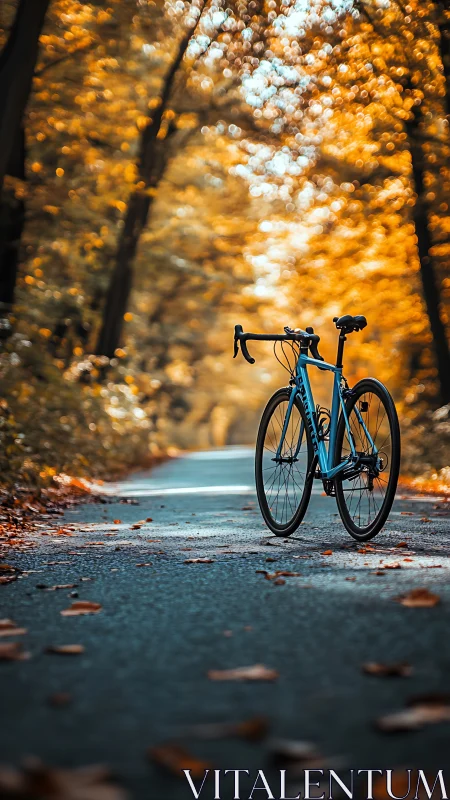 Blue Bicycle on Autumn Path with Bokeh Foliage.