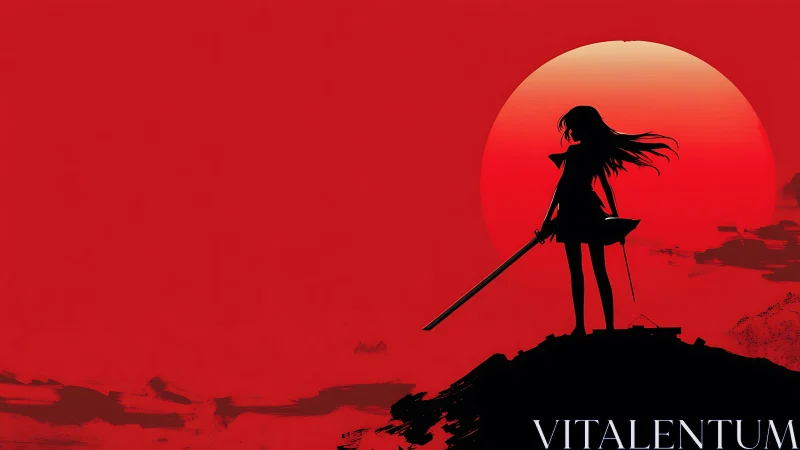 Silhouetted swordswoman stands against red sun horizon.
