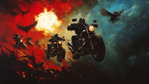 Apocalyptic riders emerging through infernal sky divide.